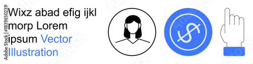 Financial transactions, user profiles, interface design, identity management, economic services, touch interfaces. Female profile, dollar sign symbol hand gesture. Financial transactions and user