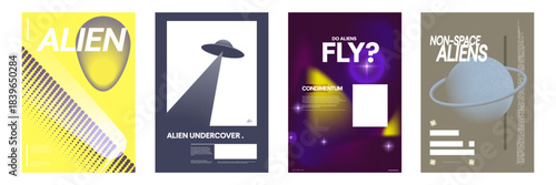 Vector set of modern gradient poster cards with abstract cosmos aesthetic and alien UFO theme isolated on white background.