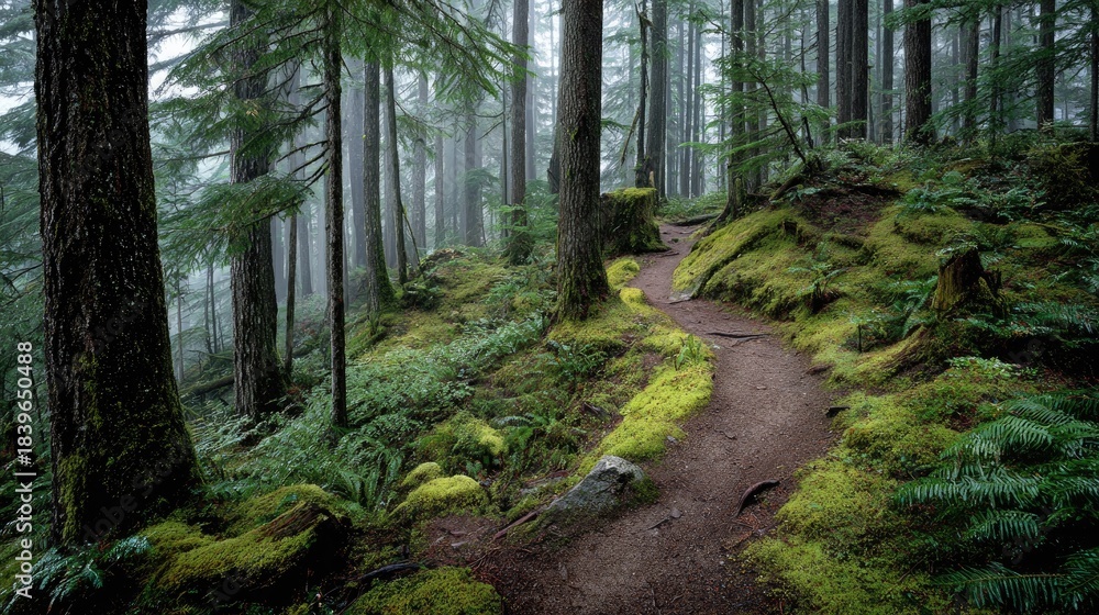Fototapeta premium A winding path leads through a mossy, misty evergreen forest.