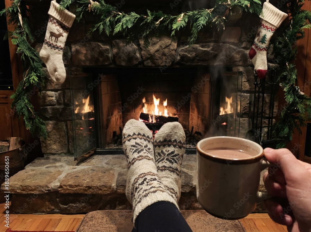 Obraz premium Relaxing in cozy socks with feet up by a fireplace at Christmas.