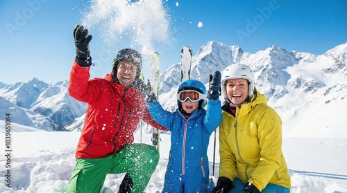 Happy family having fun playing with snow on a winter ski vacation in the mountains.