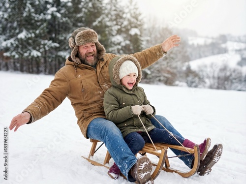 Joyful father and daughter sledding together down a snowy hill in winter.
