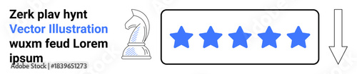 Customer feedback, quality rating, strategic planning, user satisfaction, ranking systems, review concepts. Chess knight beside five blue stars and arrow. Quality rating and customer feedback