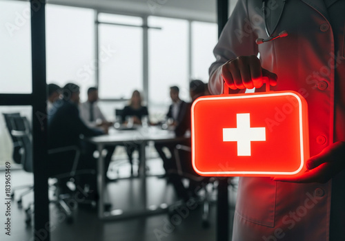 Meeting Emergency Response: A doctor stands ready, holding a glowing first-aid kit as a group engages in discussion in the blurred background.