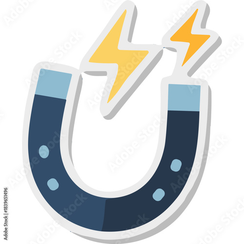 A horseshoe magnet with yellow lightning bolts emanating from the poles against a dark background symbolizing magnetic force attraction and energy