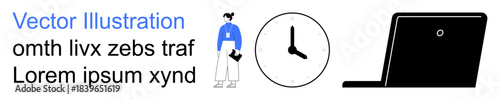 Time management, productivity, workspace setup, remote work, business schedule, corporate workflow. Woman standing, clock and laptop. Time management and productivity visually