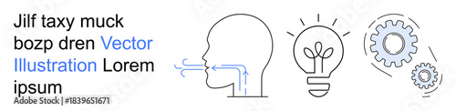Education, innovation, biometrics, green energy, sustainability, technology. Line art of breathing process, light bulb with plant and mechanical gears. Education and innovation concepts