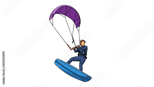 Active Person Riding Kiteboard on Blue Water Under Purple Parachute During Daytime with Clear Sky and Black Background Detailed Vector Illustration