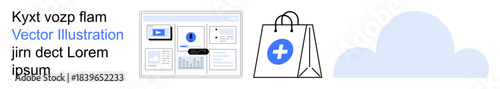 E-commerce, cloud computing, telemedicine, digital services, online platforms, virtual healthcare. Shopping bag with medical cross, cloud screen interface. E-commerce and cloud computing concept