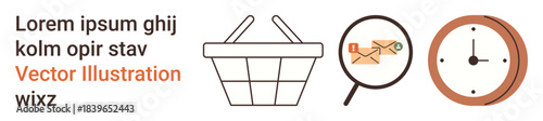 E-commerce, time management, online communication, shopping, task scheduling, mail tracking. A shopping basket, magnifying glass with an envelope and a clock. E-commerce and time management tools