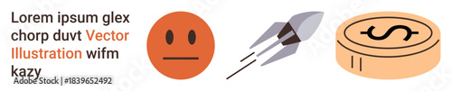 Emotional states, financial goals, startup ventures, monetary growth, ambition, success. Neutral face, flying rocket dollar coin. Emotional states and financial goals conceptualized through visuals