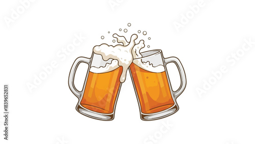 Two Beer Mugs Clinking Together with Splashing Foam.