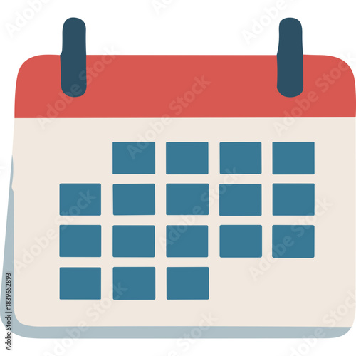 A Red And Blue Calendar Page With A Grid Layout On A White Background Showing A Date Grid With Dark Blue Squares And A Red Top Border With Two Black Handles Indicating Planning Or Scheduling
