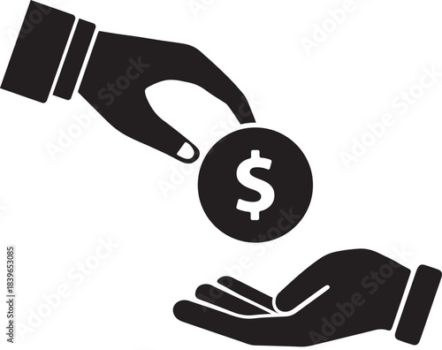 Financial Transaction: Illustrative silhouette art of a hand offering a dollar coin to another hand, a visual representation of a financial exchange.