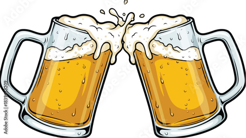 Two Beer Mugs Clinking in a Toast with Splashing Foam.