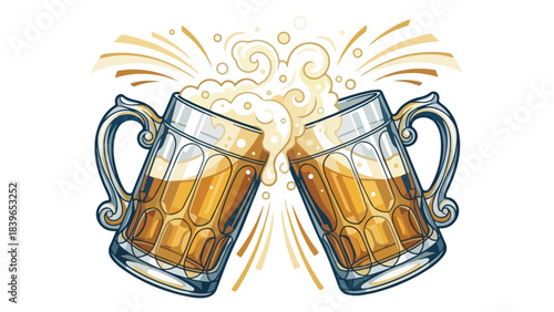 Two beer mugs clinking in a celebratory toast with splashes.