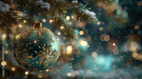 Decorative teal Christmas ornament with intricate golden snowflake designs hangs from a snow-dusted evergreen branch, surrounded by a soft bokeh of festive lights and a magical winter atmosphere