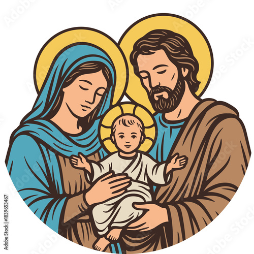 Nativity Scene with Holy Family, Mary, Joseph, and Baby Jesus. Lineal illustration.