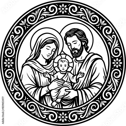 Nativity Scene with Holy Family, Mary, Joseph, and Baby Jesus. Lineal illustration.