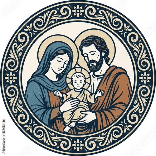 Nativity Scene with Holy Family, Mary, Joseph, and Baby Jesus. Lineal illustration.