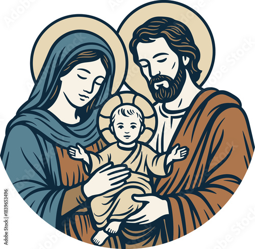 Nativity Scene with Holy Family, Mary, Joseph, and Baby Jesus. Lineal illustration.