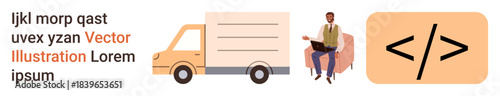 Logistics, web development, programming, coding, technology interface, delivery services. A truck, code tag and person sitting with a laptop. Logistics and web development concept
