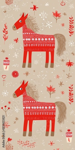 Colorful flat illustration of two festive red horses adorned with winter patterns, surrounded by snowflakes and holiday-themed elements, perfect for seasonal decorations and designs