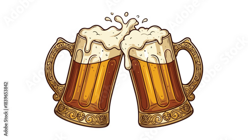 Two beer mugs clinking together with a splash of foam.