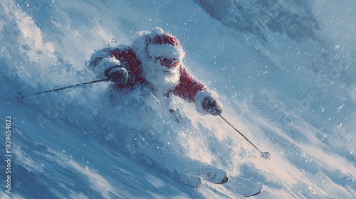 Santa Claus in a red suit skiing down a snowy slope, surrounded by swirling snowflakes, showcasing winter sports excitement and holiday spirit in a vibrant winter landscape