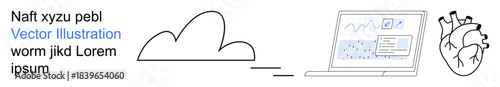 Cloud computing, healthcare technology, data visualization, artificial intelligence, medical monitoring, digital platforms. Cloud, laptop with data charts human heart diagram. Cloud computing