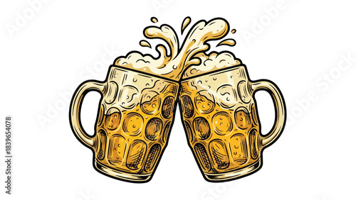 Two beer mugs clinking in a celebratory toast with frothy beer splashing out isolated on a white background.