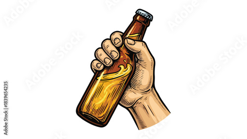 Hand holding a beer bottle vintage style illustration.