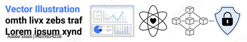 Analytics dashboard, atomic model, blockchain network, secure shield lock. Ideal for data analysis, science innovation, technology, blockchain, cybersecurity research simple landing page