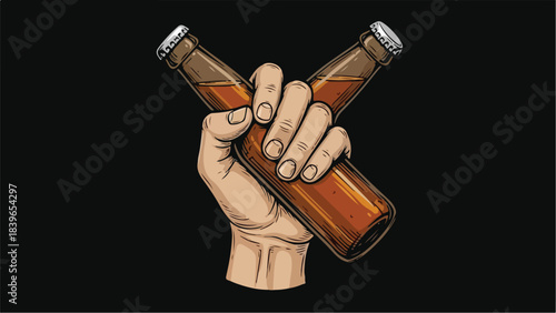 Hand holding two beer bottles crossed in a bold illustration.