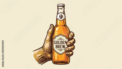 Hand holding a golden brew beer bottle.