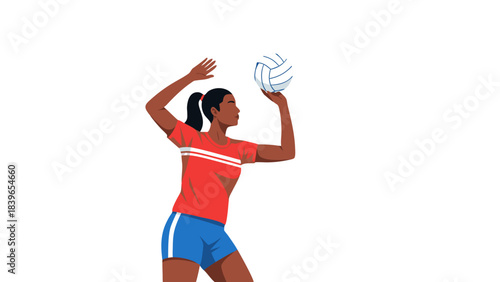 Athletic Woman Serving Volleyball In Red Shirt Blue Shorts With Black Hair Ponytail And Dark Skin Tone Mid Action Outdoor Sport During Daytime Sunlight With Water Droplets On Ball And Plain