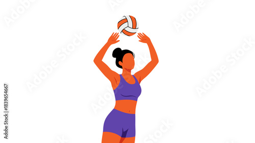 Athletic Young Woman In Purple Sports Bra And Orange Shorts Serving A Volleyball In A Studio With Black Background And Orange Accents