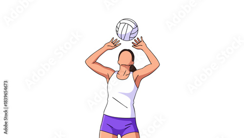 Athletic Young Woman In White Tank Top And Purple Shorts Serving Volleyball In Studio Setting With Black Background And Dynamic Pose
