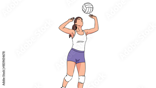 Athletic young woman in white tank top and purple shorts playing volleyball on a black background