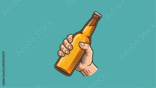 Hand holding a refreshing bottle of beer ready for a toast.