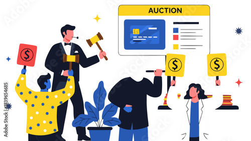 Auction Event Gathering Diverse People Bidding With Gavel And Signs Displaying Dollar Currency Against A Dark Background With Abstract Decorations Symbolizing Success And Financial Transactions In A