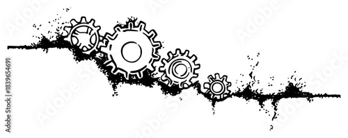 Hand drawn mechanical gears and cogs with grunge ink splashes vector illustration