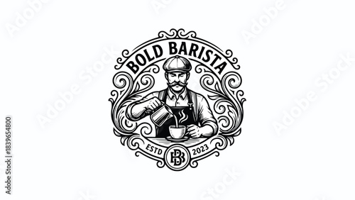 Vintage Barista Logo with Ornate Details and Coffee Pouring Scene.