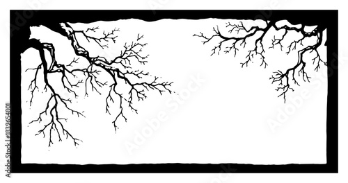 Decorative rectangular frame with bare tree branch silhouettes vector illustration