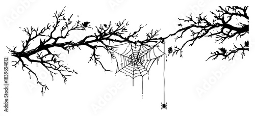 Spooky tree branch silhouette with hanging spider web vector illustration