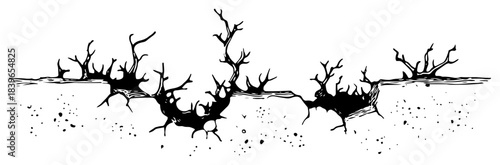 Deep ground crack with spooky dead tree roots vector illustration