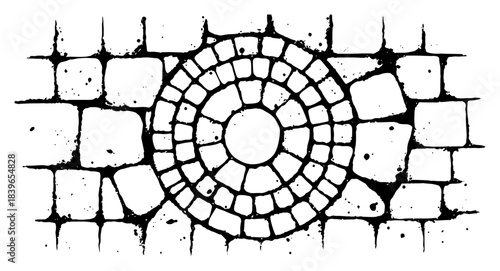 Circular cobblestone pavement texture with stone bricks vector illustration