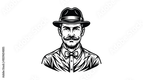 Vintage Gentleman with Hat and Moustache Black and White Illustration.