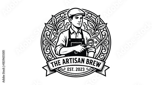 Barista holding a portafilter coffee shop logo vintage style black and white detailed illustration coffee culture artisan brew cafe emblem retro design coffee lover.
