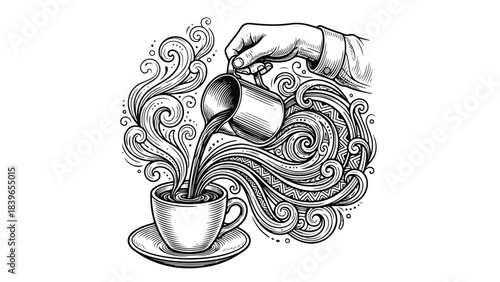 Hand pouring coffee into a cup with swirling steam black and white illustration.